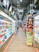 Blurred of product shelves in supermarket or grocery store, use as background photo