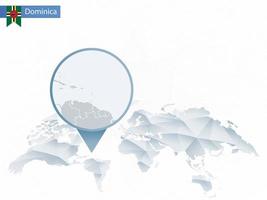 mapa del mundo redondeado abstracto con mapa de dominica detallado anclado. vector