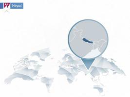 mapa del mundo redondeado abstracto con mapa de nepal detallado anclado. vector