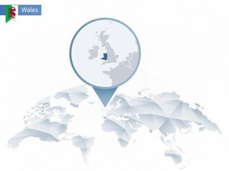 Abstract rounded World Map with pinned detailed Wales map. vector