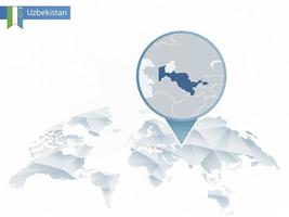 mapa del mundo redondeado abstracto con mapa detallado de uzbekistán anclado. vector