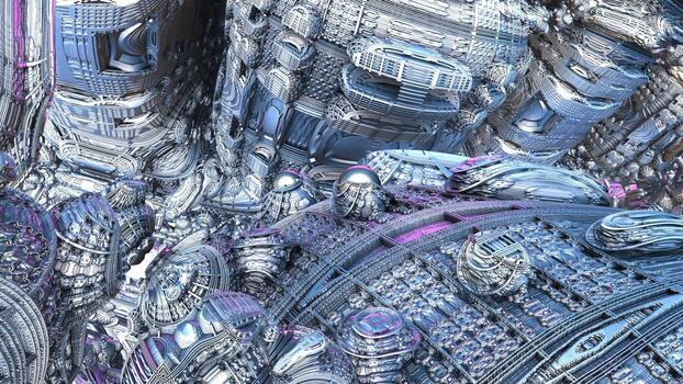 Abstract Computer generated Fractal design. 3D Aliens Illustration of a Beautiful infinite mathematical mandelbrot set fractal silver metalic spaceship. photo