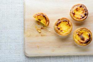 Portuguese Egg Tarts, is a kind of custard tart found in various Asian countries. The dish consists of an outer pastry crust and is filled with egg custard and baked. photo