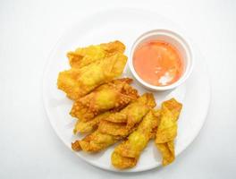 Deep Fried Won ton on white plate with dip source photo