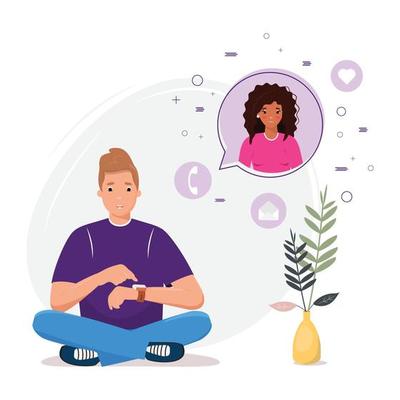 Couple video call. Man calling his girlfriend from the smartwatch. Contemporary communication concept. Communication with smart devices.