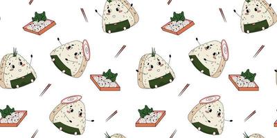 Onigiri pattern on white background. Seamless pattern with rice balls wrapped in nori. For textile, wrapping paper, packaging. Vector pattern.