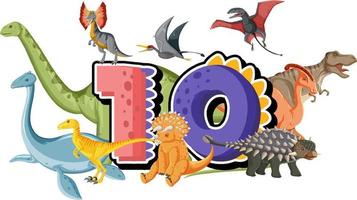 Ten dinosaurs with number ten cartoon vector