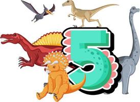 Five dinosaurs attached to number five vector