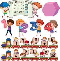 Math classroom objects with supplies and students vector