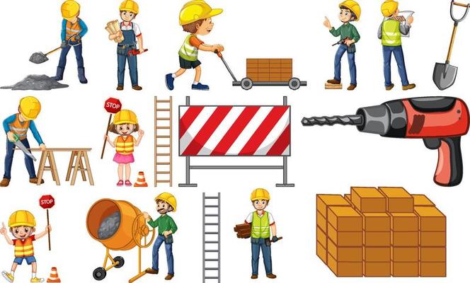 Construction worker set with people and tools