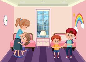 escena de dormitorio rosa con personaje de dibujos animados vector