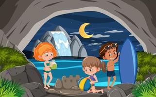 In cave scene with children exploring cartoon character vector