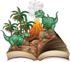 Storybook with two tyrannosaurus rex by volcano vector