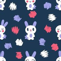 Hand drawn dark seamless pattern with bunnies and brush strokes. vector