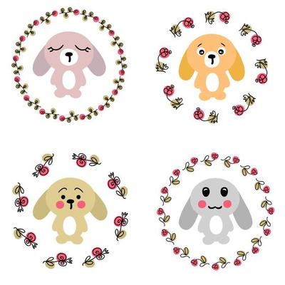 Hand drawn Easter bunnies in flower frames collection.