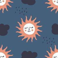 Hand drawn seamless pattern with sun and rainy clouds. vector