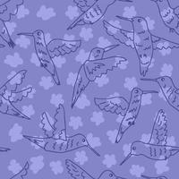 Seamless pattern with hummingbirds doodle on flowers background. vector