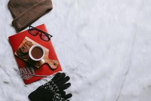 Creative flat lay composition for winter background with copy space photo