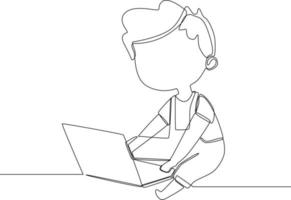 Continuous line drawing of child boy using a laptop and study online with video call teacher at home. Vector illustration.