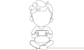 Continuous line drawing of kid use smartphone and play the game. Vector illustration.