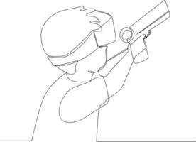 Continuous line drawing of Child  playing video games with virtual reality headset and joystick. Vector illustration.