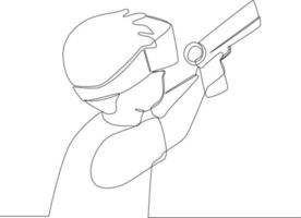 Continuous line drawing of Child  playing video games with virtual reality headset and joystick. Vector illustration.