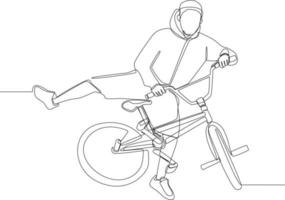 Continuous line drawing of young rider using bmx bicycle on the street. Vector illustration.