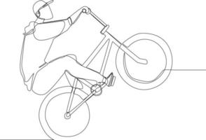 Simple continuous line drawing Young male bicycle jumper. Vector illustration