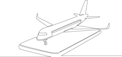 Continuous one line drawing of landing air plane on smartphone. Single line draw design vector graphic illustration.