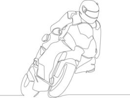 Continuous one line drawing Motorcyclist riding motorbike on road in left turn style. Single line draw design vector graphic illustration.