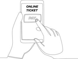 Continuous one line drawing of Hand using smartphone to buy and pay online ticket. Single line draw design vector graphic illustration.