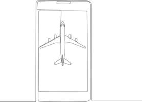 dibujo de una sola línea continua de diseño plano del concepto de viaje con avión sobre fondo blanco en smartphone. ilustración de vector gráfico de diseño de dibujo de una línea.