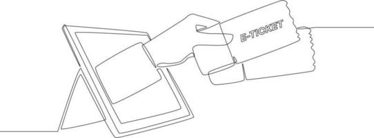 Single continuous line drawing of passenger's hand float out and holding e-ticket on mini tablet. one line draw design graphic vector illustration.