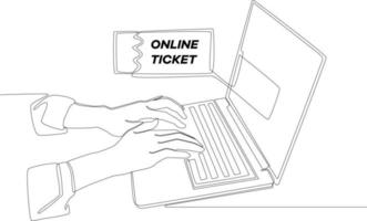 Continuous one line drawing of consumer ordering online ticket with a laptop. Single line draw design vector graphic illustration.