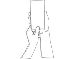 Continuous one line drawing man holding smartphone to open it with thumb. Single line draw design vector graphic illustration.