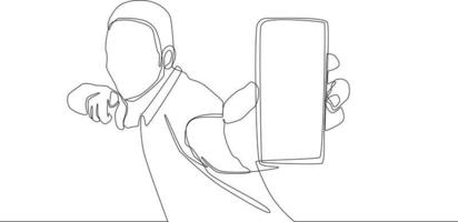 Continuous one line drawing man showing smartphone screen with surprise face pointing finger to himself. Single line draw design vector graphic illustration.