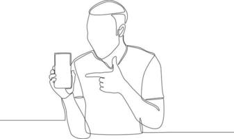 un dibujo de una sola línea joven alegre que muestra la pantalla en blanco del teléfono inteligente recomendando la aplicación posando de pie. ilustración de vector de diseño de dibujo de línea continua de concepto.