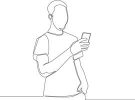 una sola línea que dibuja a un joven estudiante que envía un mensaje por chat a alguien que usa su teléfono inteligente. vector de diseño de dibujo de línea continua de concepto.