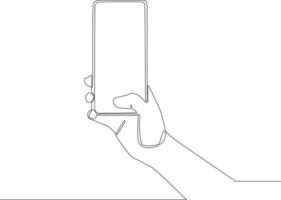 Continuous one line drawing man holding smartphone to open it with thumb. Single line draw design vector graphic illustration.