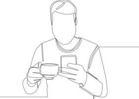 Continuous one line drawing a man drinking a coffee and read message in smartphone. Single line draw design vector graphic illustration.