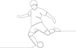 Continuous one line drawing of Professional soccer player in action isolated white background. Modern single line draw design vector graphic illustration.