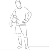 Continuous one line drawing of a soccer player holding a football isolated on white background.  Modern single line draw design vector graphic illustration.