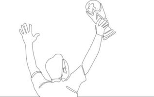 Single continuous line drawing of  Back view of sportsman holding trophy. one line draw design graphic vector illustration.