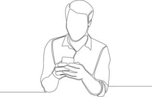 One single line drawing group of man hold and read messages on mobile phone. continuous line draw design vector illustration.
