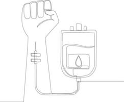 Continuous one line drawing blood bag and hand of donor. Single line draw design vector graphic illustration..