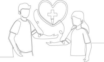Single continuous line drawing young boy transfusion blood to his friend. One line draw graphic design vector illustration.