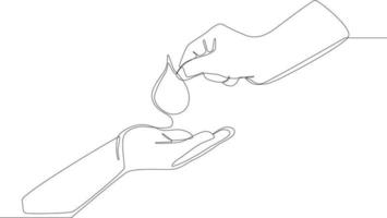 Single continuous line drawing the hand above is giving a drop of blood to the hand below. One line draw graphic design vector illustration.