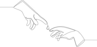 Single continuous line drawing the finger hand above is giving a drop of blood to the finger hand below. One line draw graphic design vector illustration.