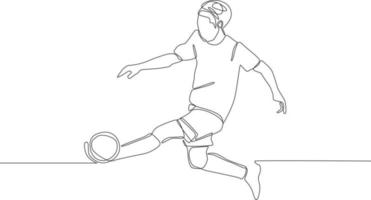 Continuous one line drawing of Professional football player kick ball in action isolated white background. Modern single line draw design vector graphic illustration.