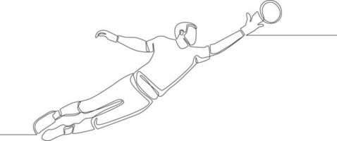 Single continuous line drawing of Male soccer player goalkeeper catching ball in jump.  one line draw design graphic vector illustration.